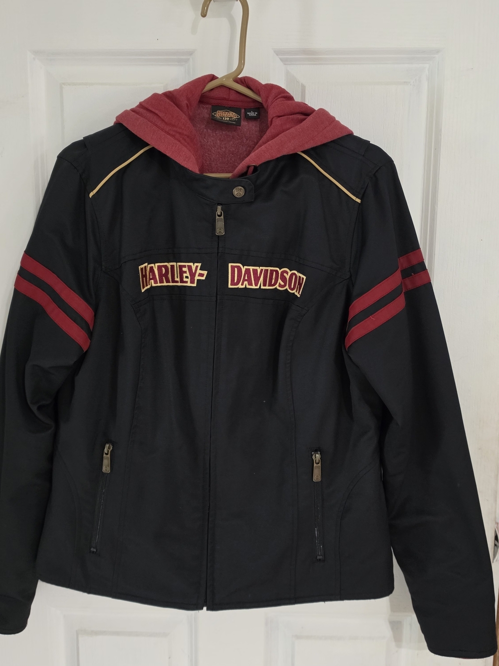 Harley-Davidson Black Jacket with Red Hood & Stripe Accents